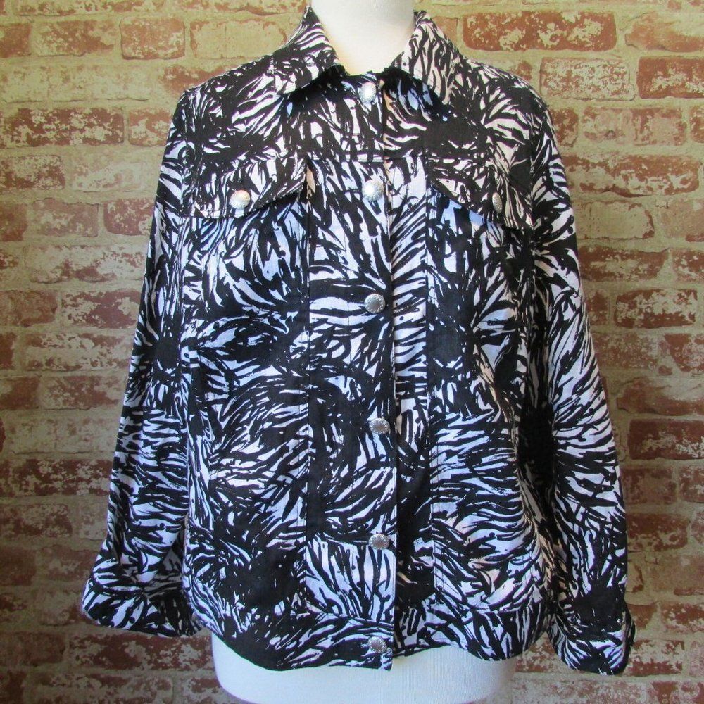 LUCY & LAUREL Black White 100% LINEN ABSTRACT PRINT JACKET WOMAN PLUS sz X = XL